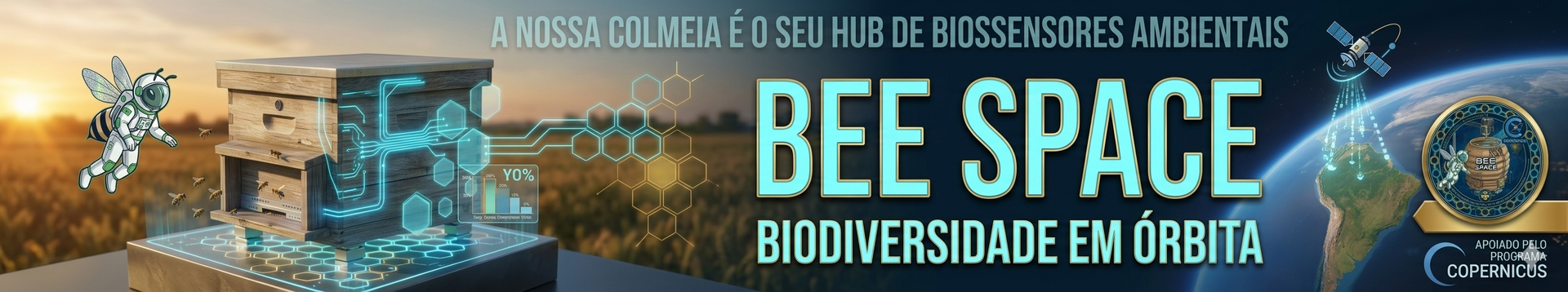 Arte de apresentação da BeeSpace com colmeia inteligente, satélite e identidade do projeto