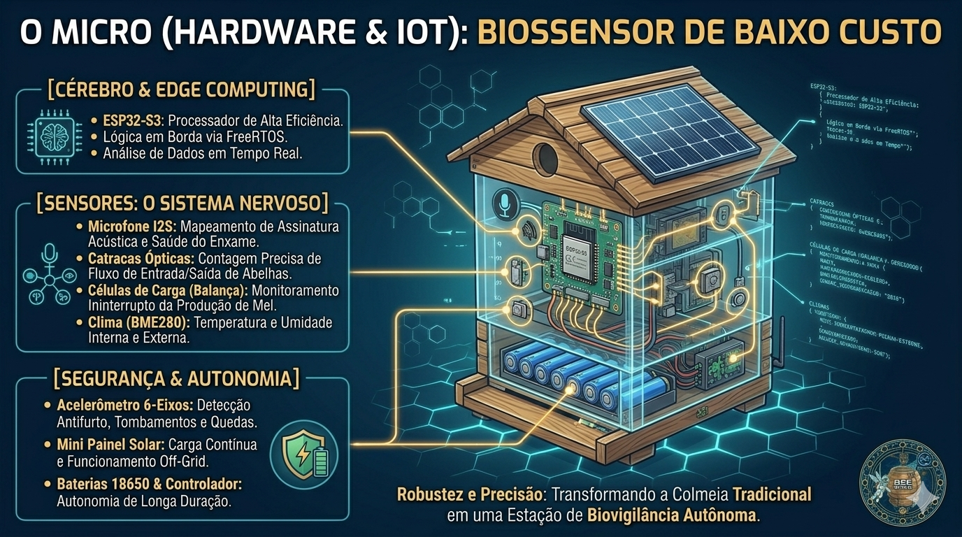 Ilustração técnica do hardware BeeSpace com sensores, energia solar, baterias e edge computing