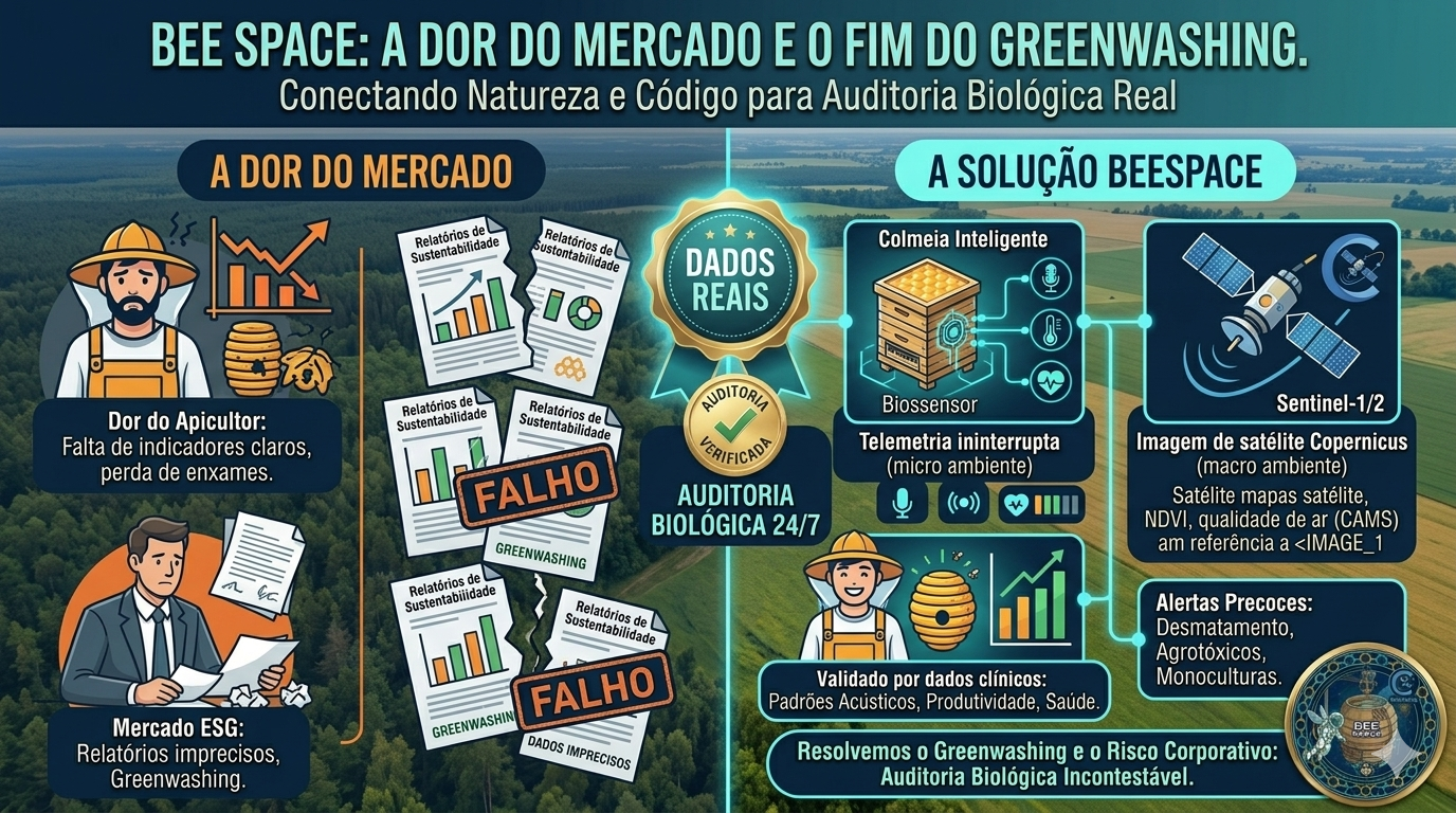 Painel visual comparando a dor do mercado ESG com a solução BeeSpace baseada em dados reais