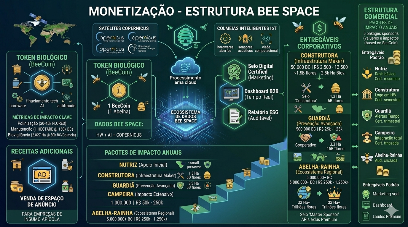 Estrutura de monetização BeeSpace com pacotes de impacto, dados, entregáveis e ecossistema comercial