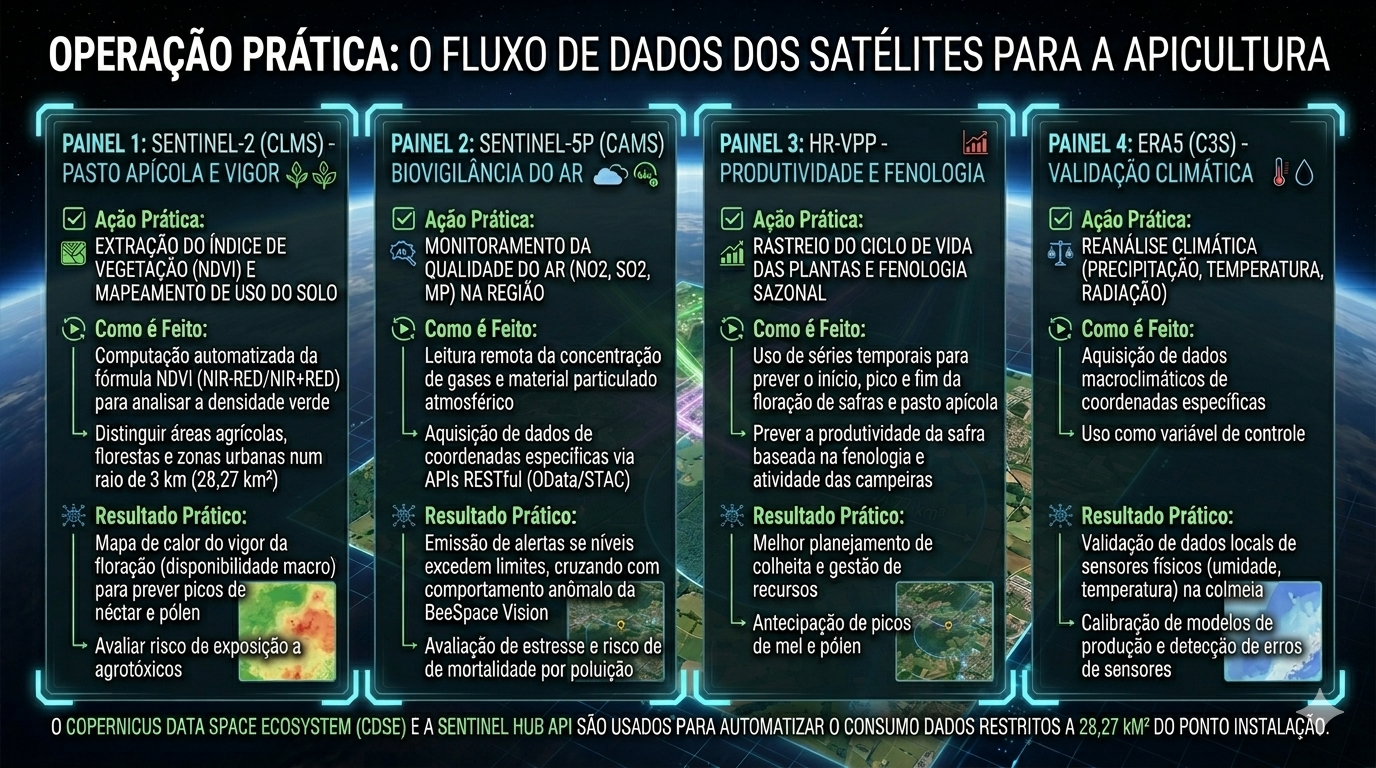 Fluxo operacional da BeeSpace com painéis dos satélites Sentinel, CAMS, HR-VPP e ERA5